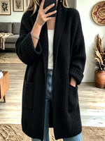 Women Shawl Collar Waffle Knit Open‑Front Mid‑Length Cardigan With Pockets