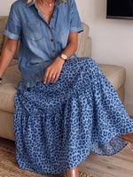 Women's Denim Ruffle Top Blue Leopard Tiered Midi Dress With Pockets