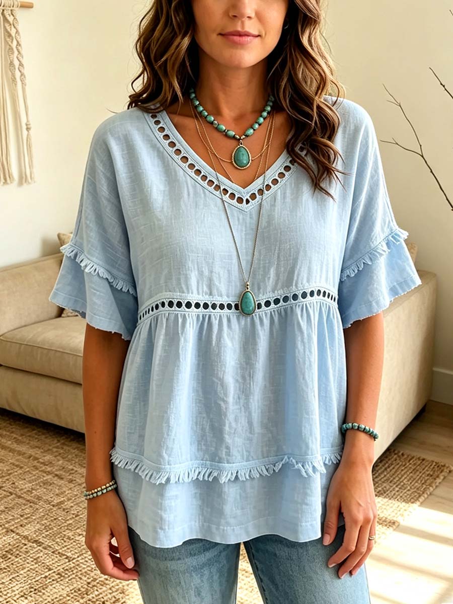 Retro V-Collar Hollow Fringe Art Casual Short Sleeve Cotton Linen Shirt