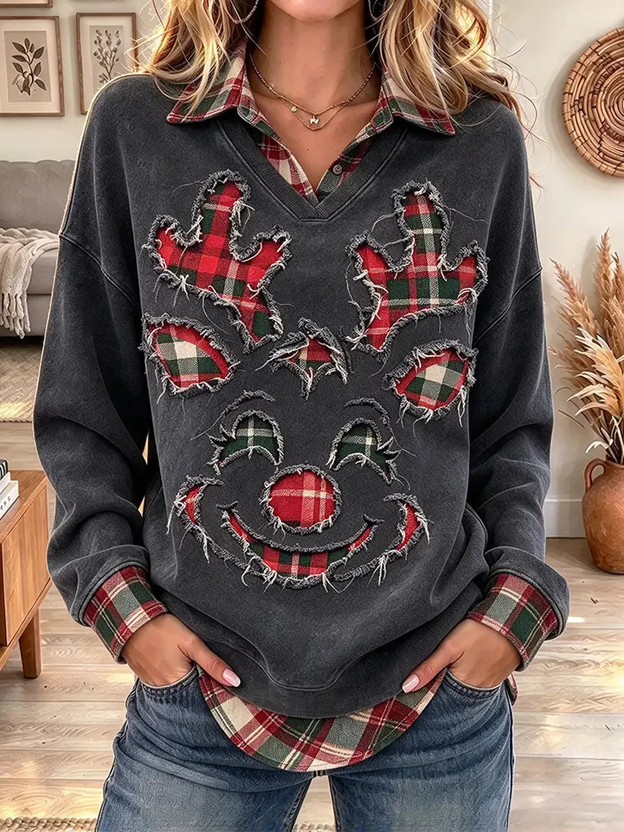 Women's Plaid Patchwork Reindeer Print Sweatshirt