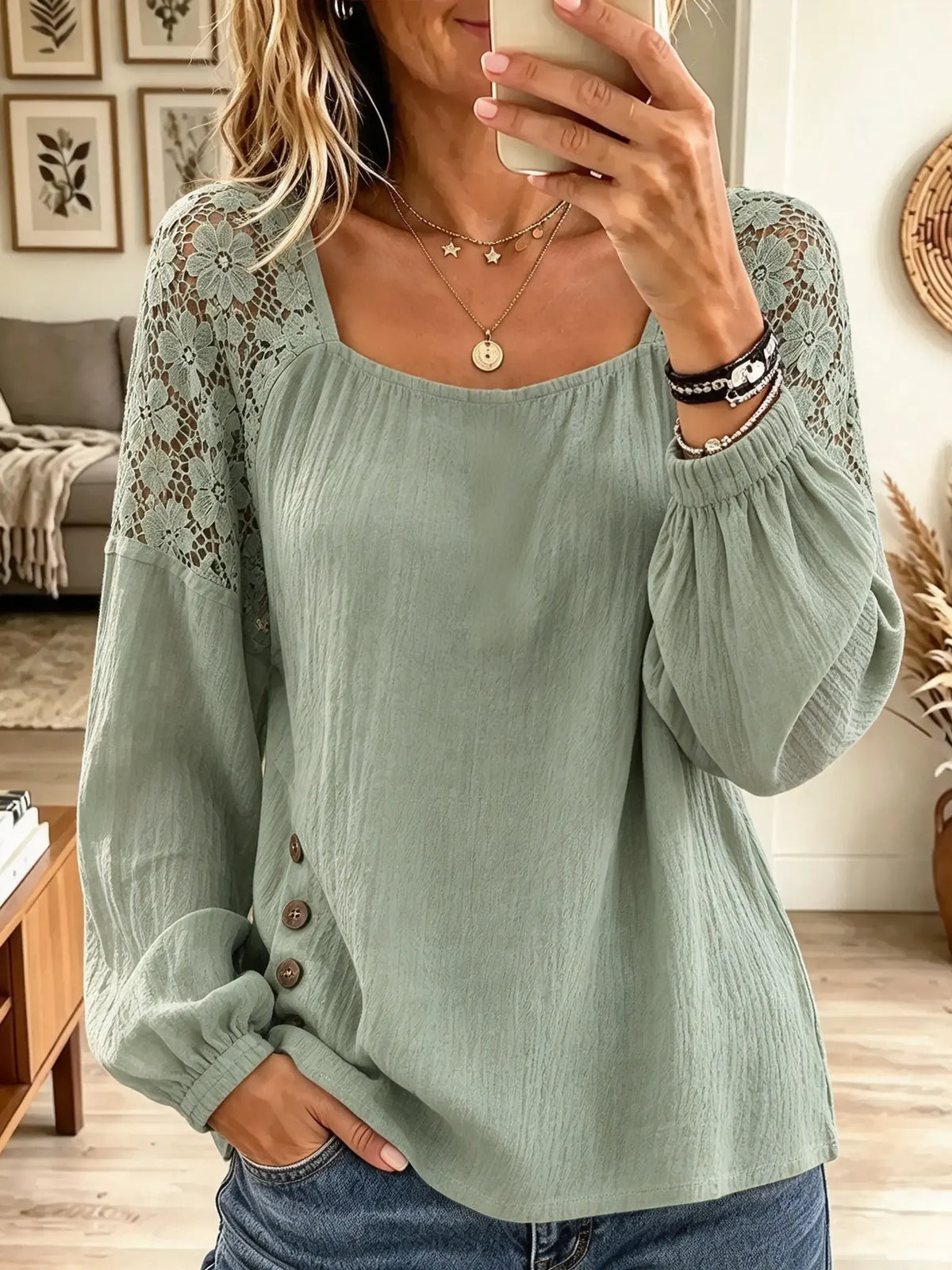 Women's Floral Lace Yoke Button Cotton Blouse