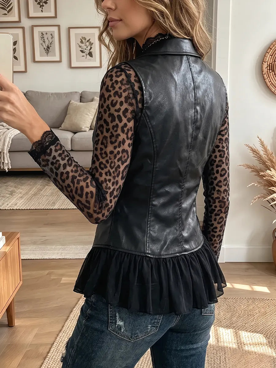 Vintage Elegant Pu Leather Patchwork Chiffon Vest