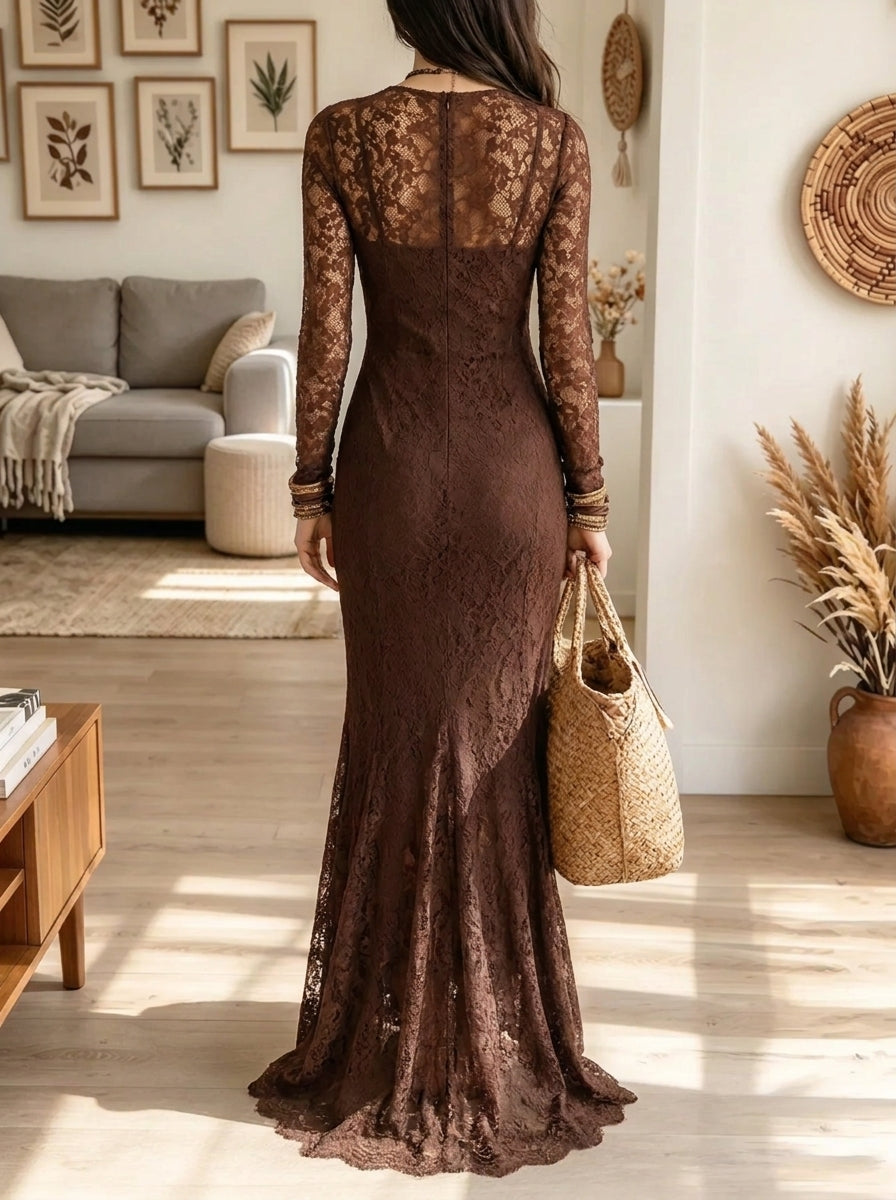 Women's Sheer Floral Lace Mermaid Maxi Dress