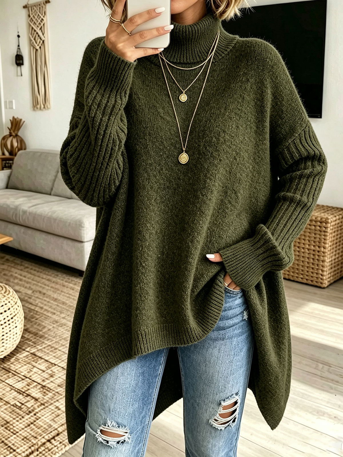 Women Oversized Turtleneck Asymmetric Hem Loose Knit Sweater