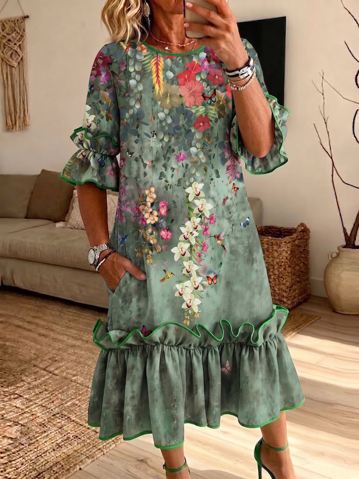 Women Tropical Floral Butterfly Ruffle Midi Dress Loose Flare Sleeve Dress With Pockets