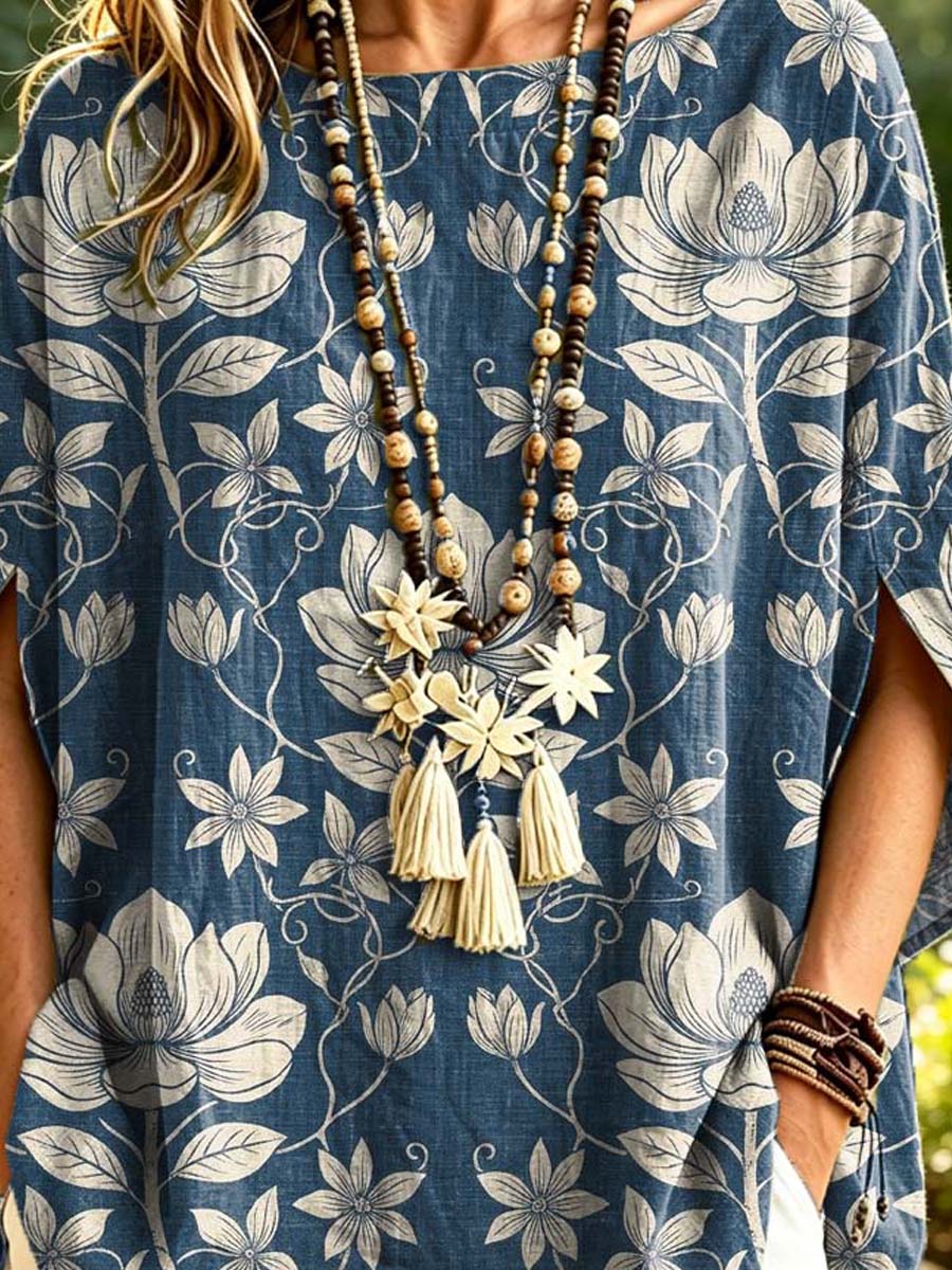 Women's Floral Pattern Art Print Casual Short Sleeve Cotton Linen Shirt