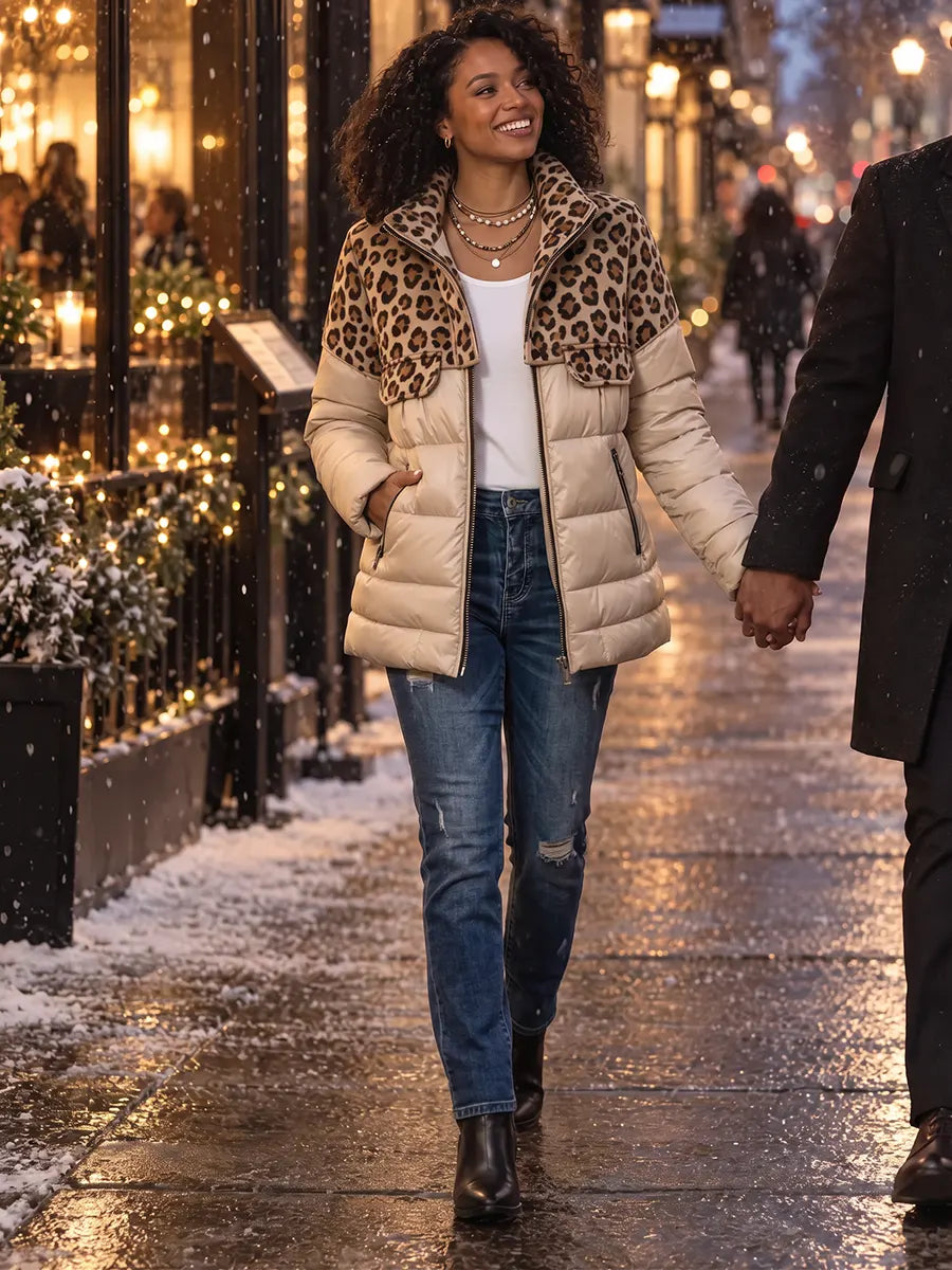 Women's Leopard Print Color Block Puffer Jacket
