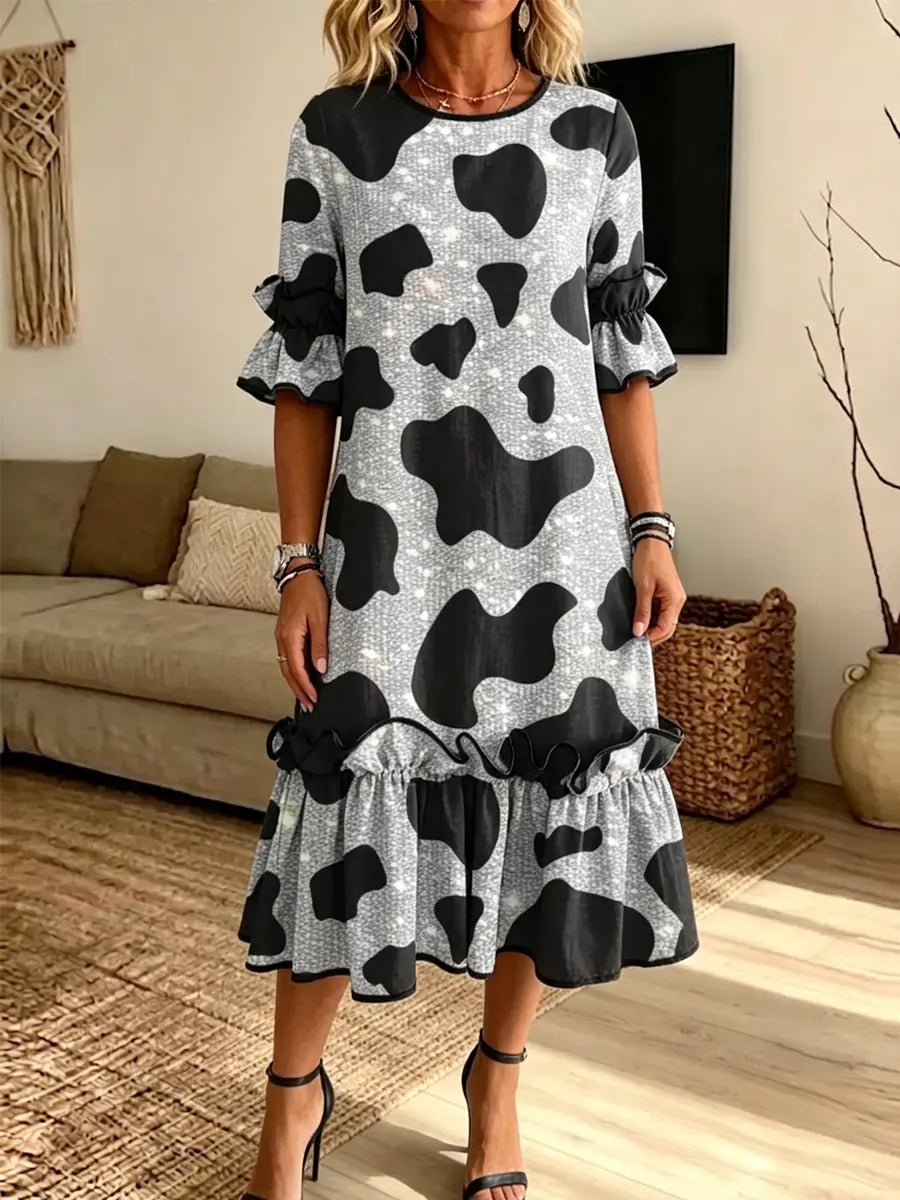 Retro Cow Shiny Pattern Art Print Casual Ruffle Stylish Cotton Linen Dress