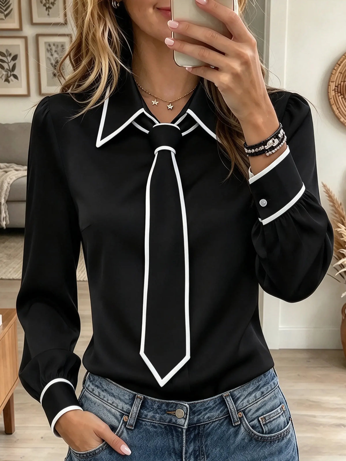 Women's Contrast Trim Tie-Collar Blouse