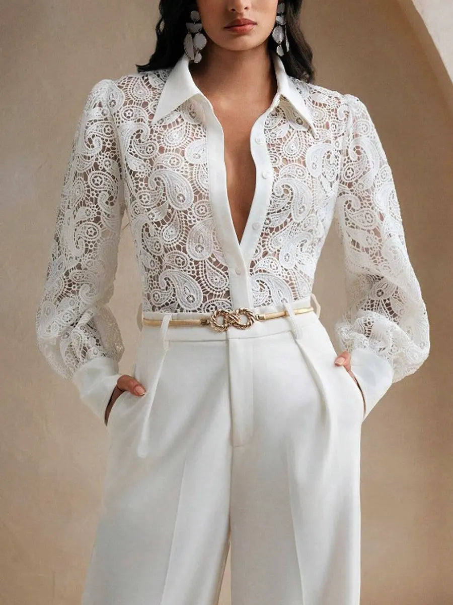 Retro Elegant Floral Lace Hollow Lapel Art Casual Stylish Long Sleeve Shirt