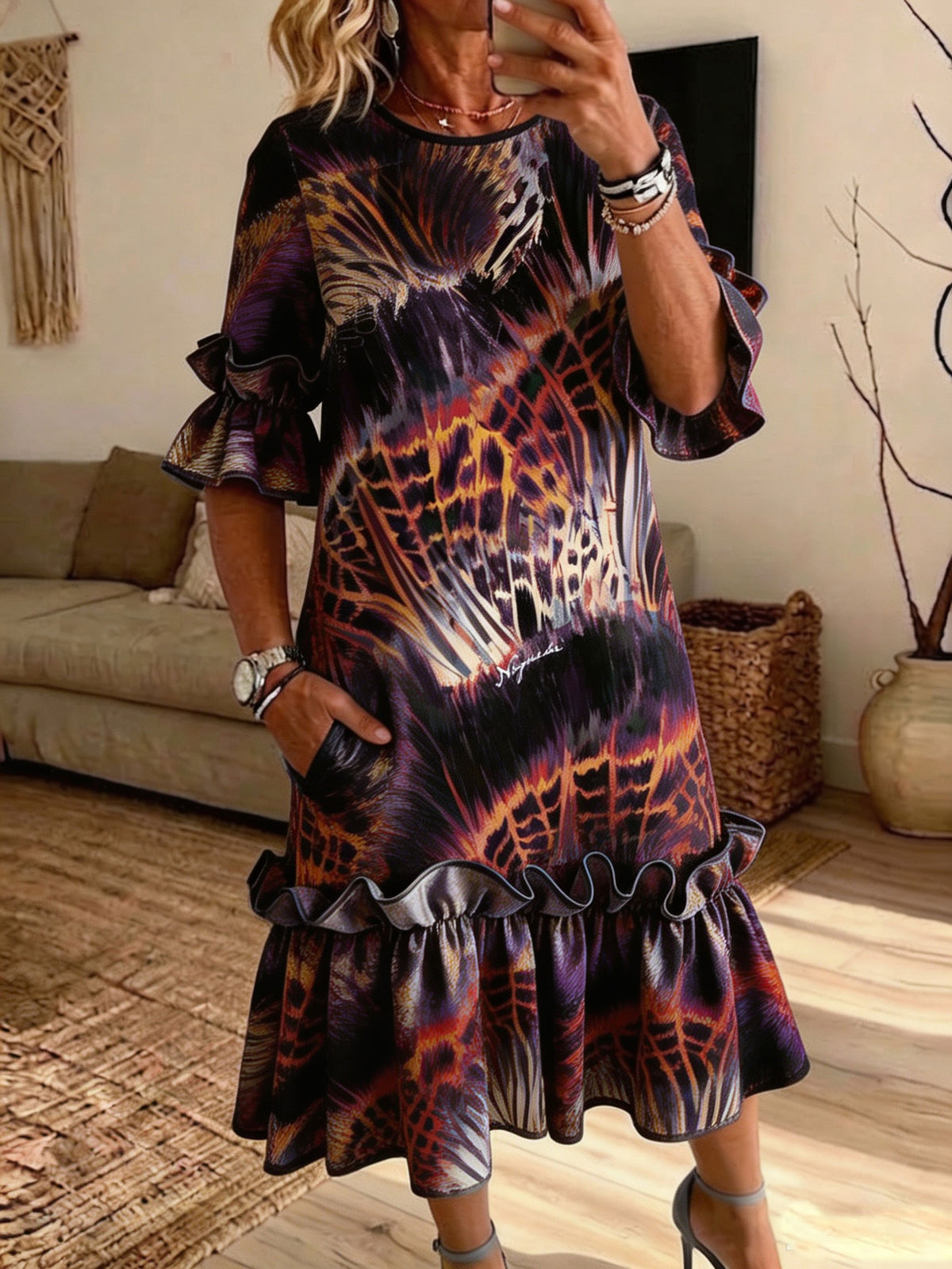 Abstract Tribal Print Ruffle Sleeve Midi Dress With Pockets