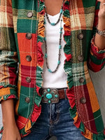 Retro Plaid Pattern Art Print Ruffle Casual Stylish Cotton Lapel Coat