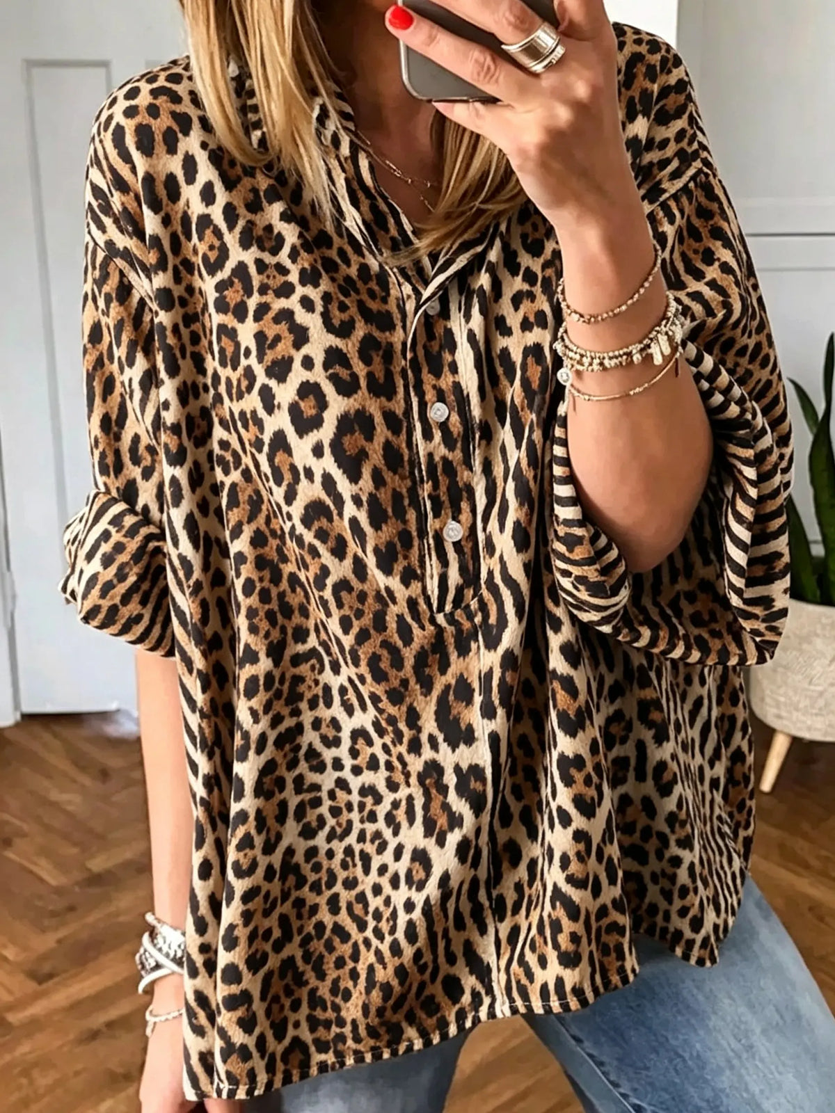 Women's Oversized Leopard Print Henley Shirt