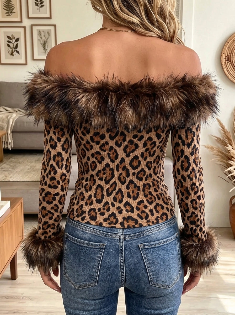 Women's Leopard Off-the-Shoulder Faux Fur Trim Top