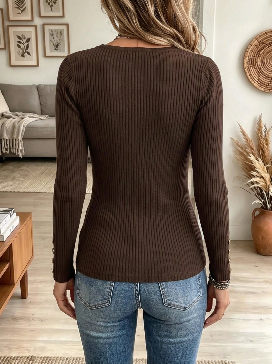 Women's V-Neck Gold Button Ribbed Sweater