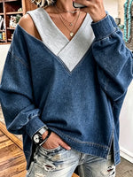 Women's V‑neck Fake Two‑piece Cold Shoulder Denim Sweatshirt
