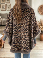 Women's Leopard Faux Fur Trim Poncho Cape