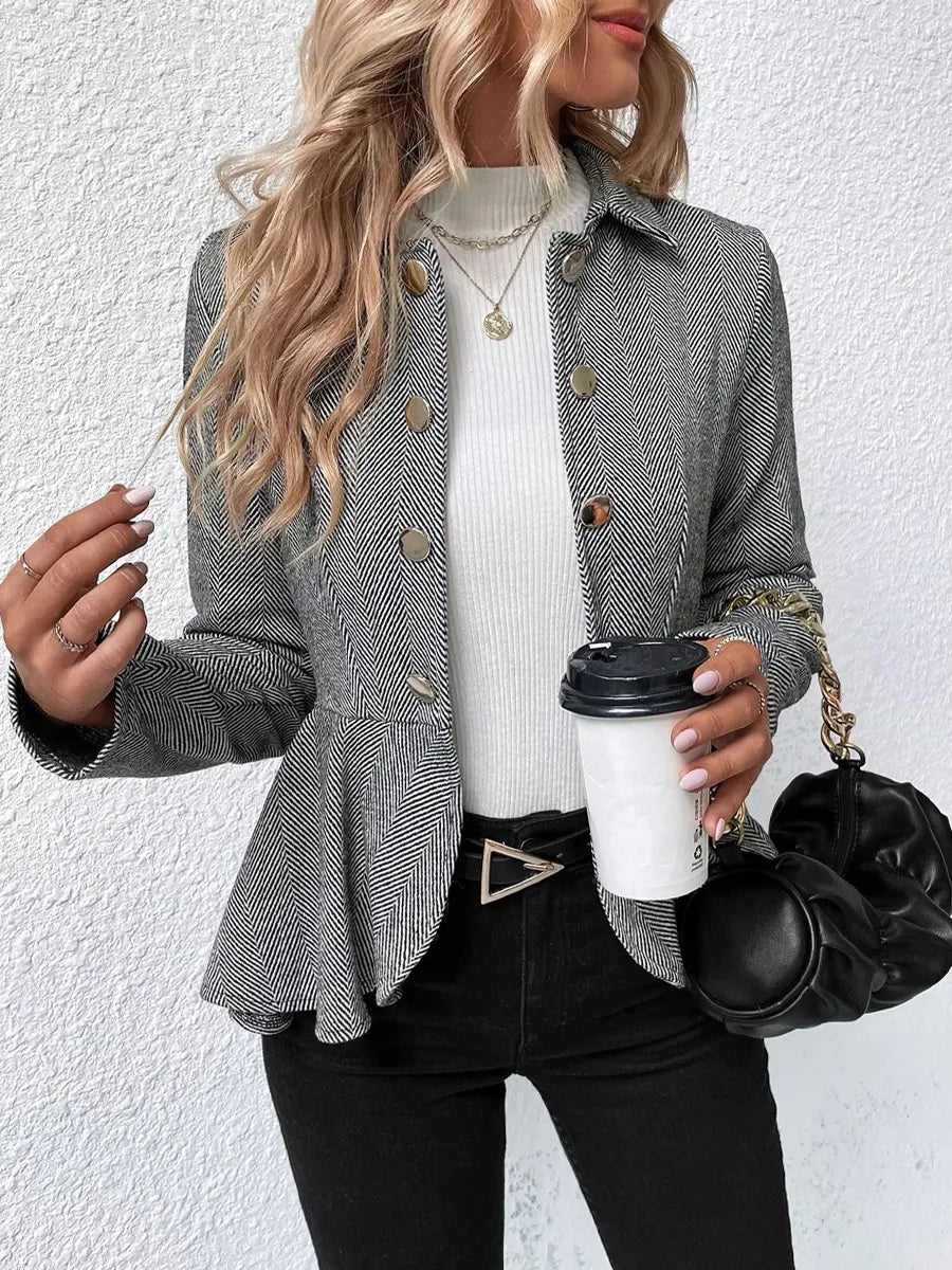 Retro Ruffle Art Stripe Pattern Casual Stylish Long Sleeve Lapel Coat