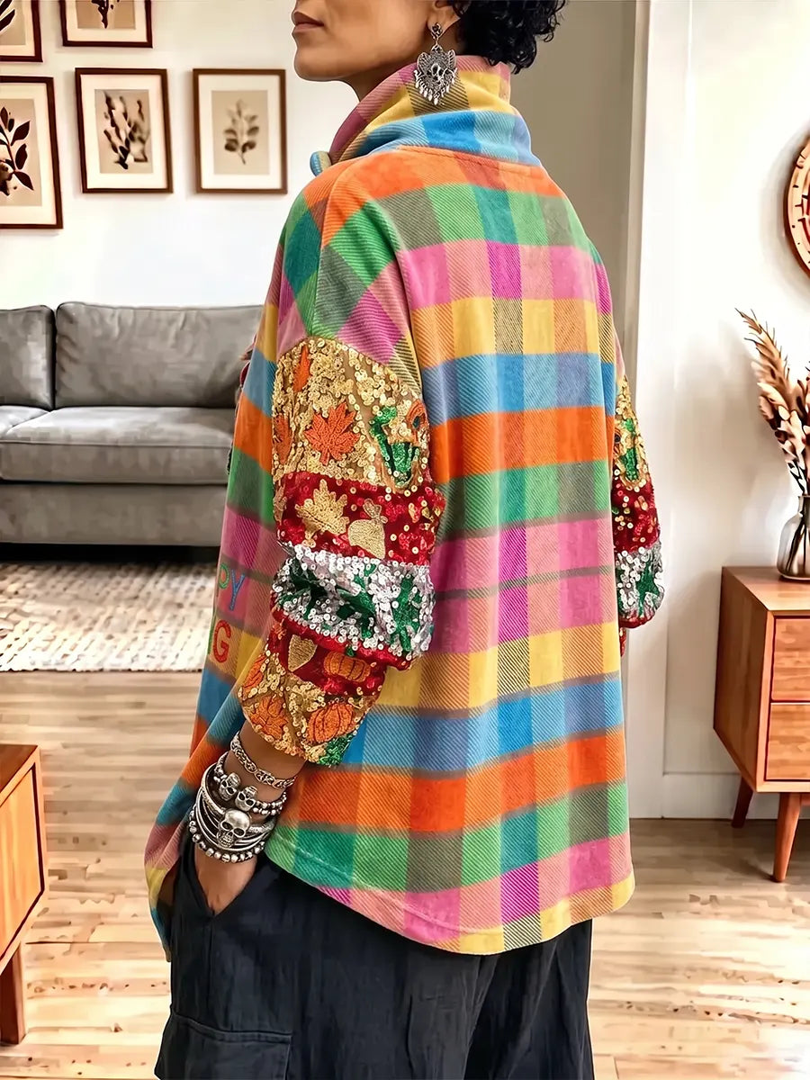 Vintage Elegant Sparkly Thanksgiving Chicken Velvet Button-Up Jacket