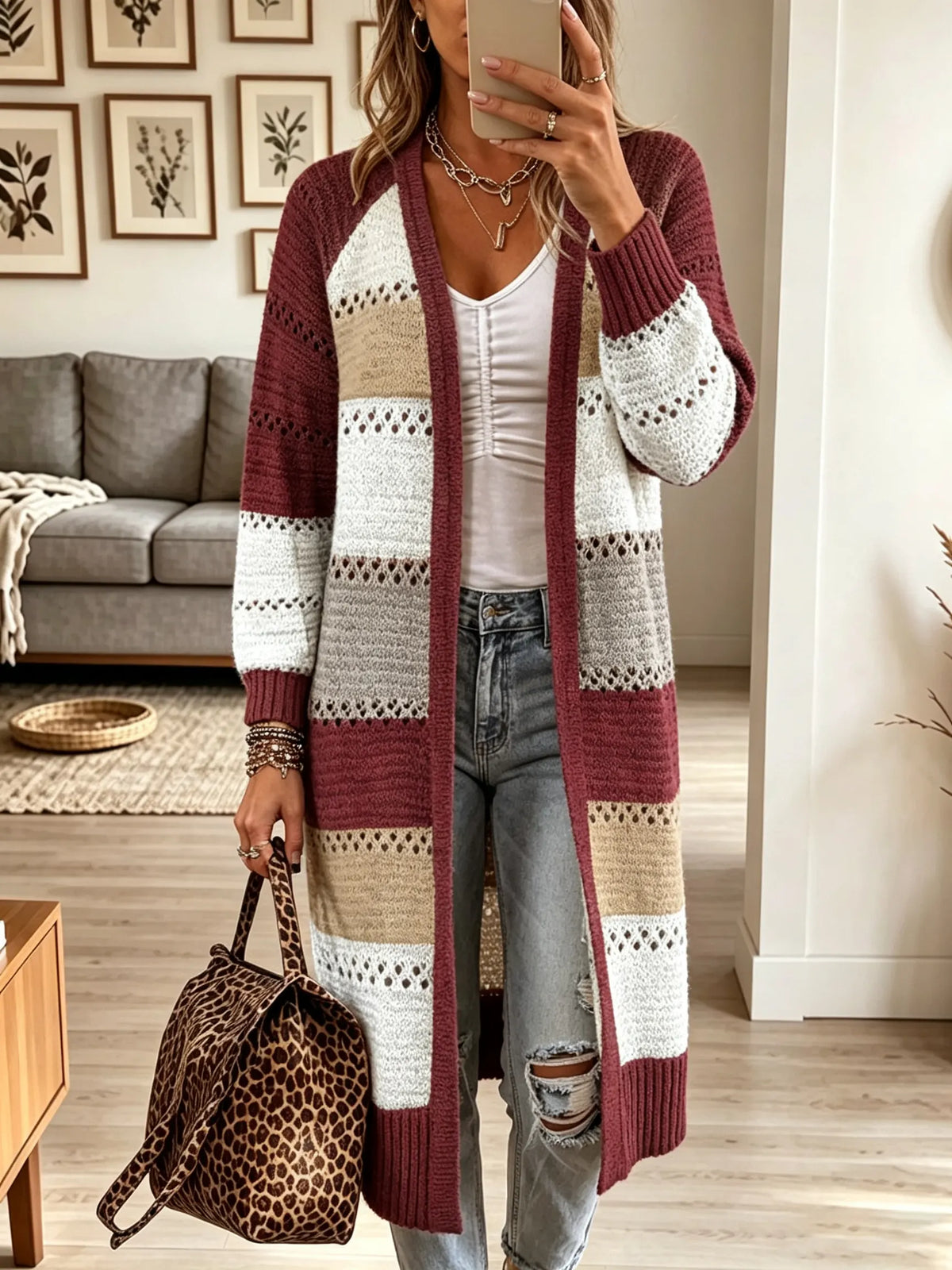 Women's Striped Open-Knit Longline Duster Cardigan