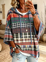 Women's Vintage Plaid Patchwork Hooded Short Sleeve Top