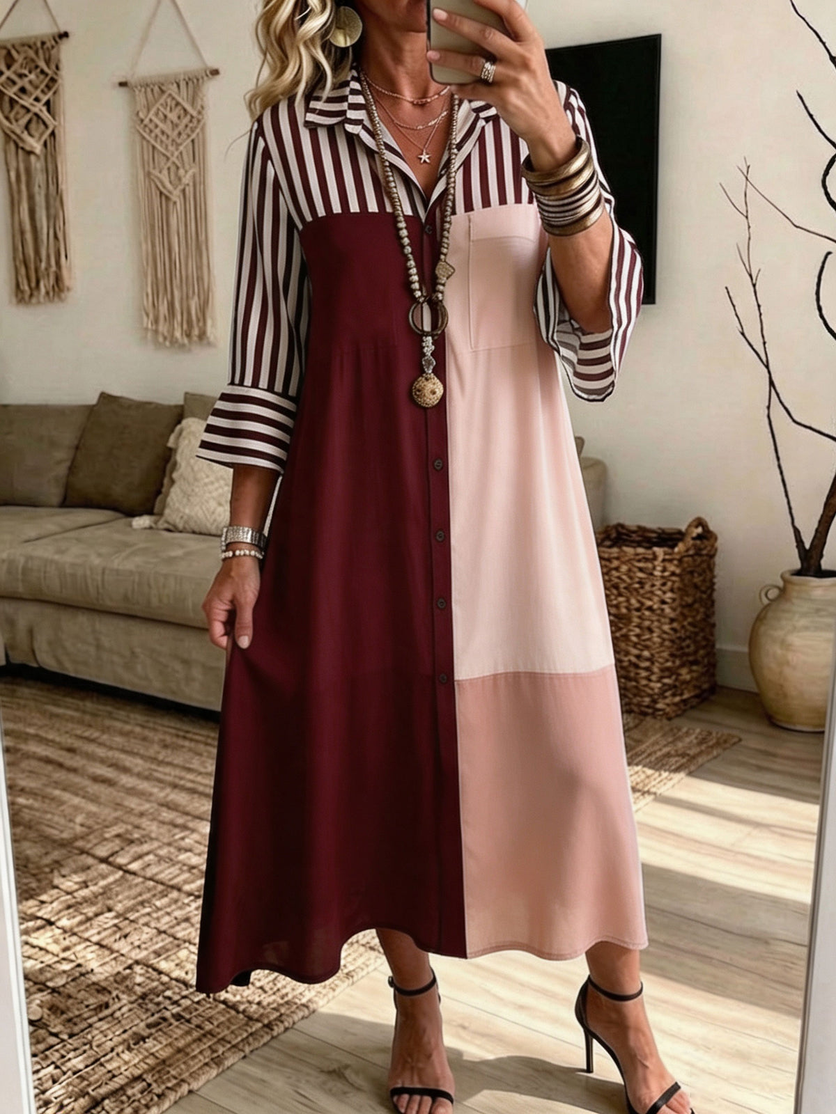 Color Block Stripe Patchwork Collared Button‑Down Midi Shirt Dress