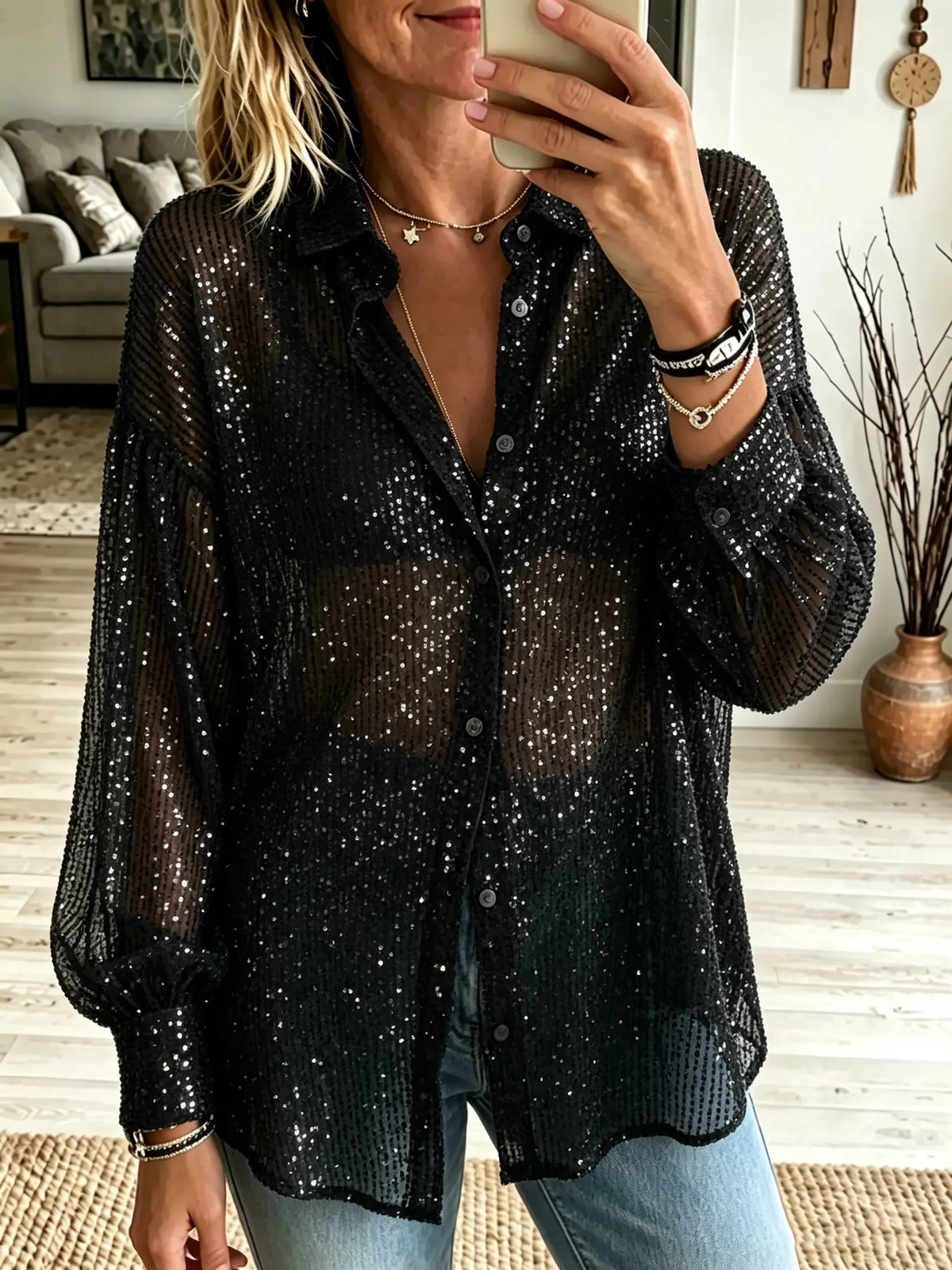 Women's Sequin Oversized Button-Down Shirt