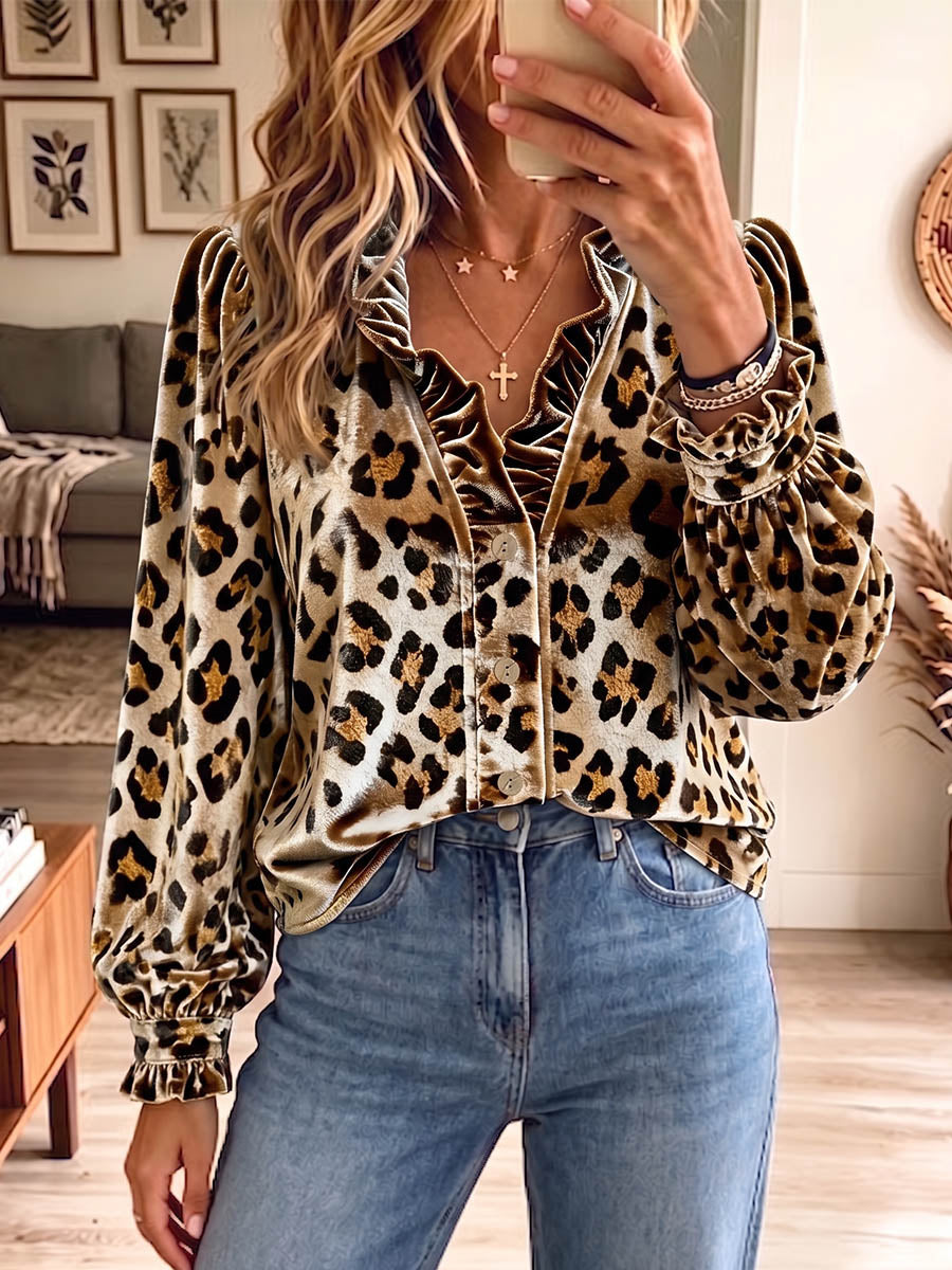 Vintage Elegant Leopard Print Velvet Shirt