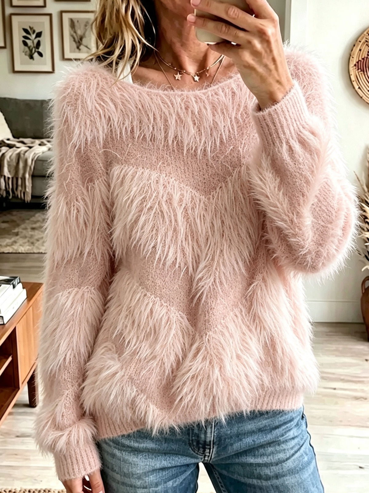Fuzzy Chevron Textured Sweater, Loose Long Sleeve Boat Neck Pullover