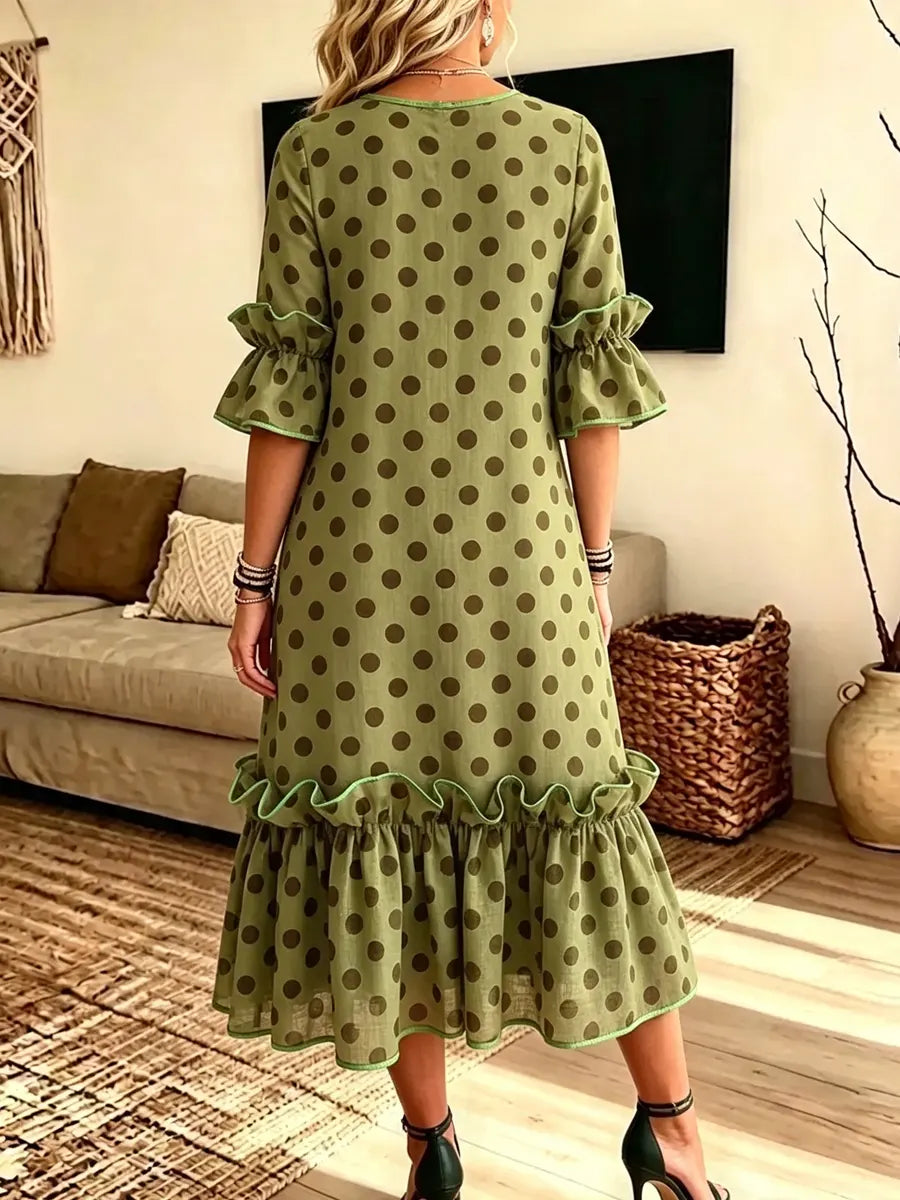 Retro Polka Dot Pattern Art Print Casual Ruffle Stylish Cotton Linen Dress