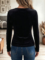 Women's Black Velvet Long Sleeve Slim Fit Top with Rhinestone Trim Asymmetric Neckline
