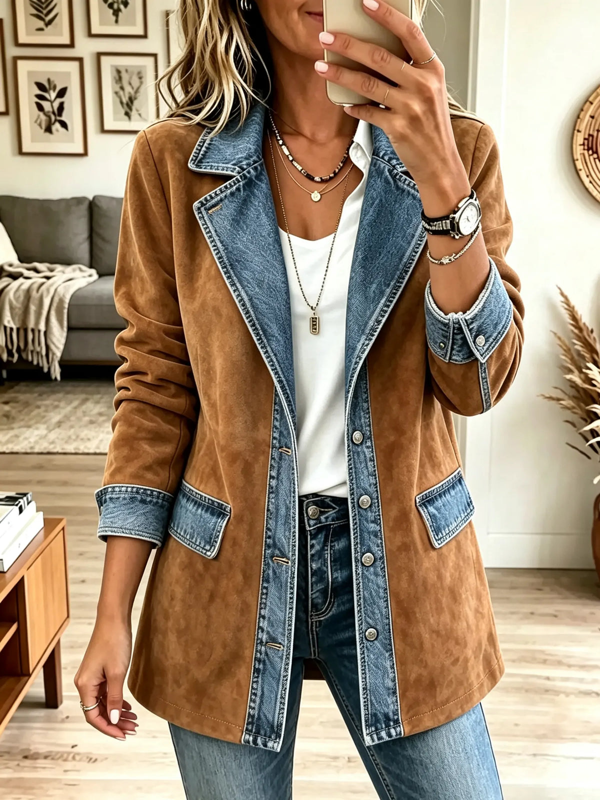 Women's Denim Contrast Suede Longline Jacket
