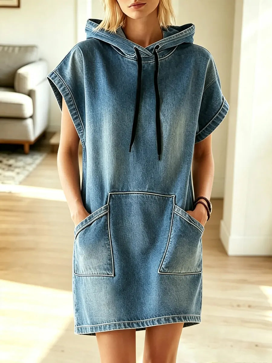 Retro Hooded Art Casual Stylish Short Sleeve Denim Mini Dress