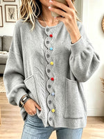 Women Green Wavy Trim Colorful Buttons Pocket Knit Cardigan