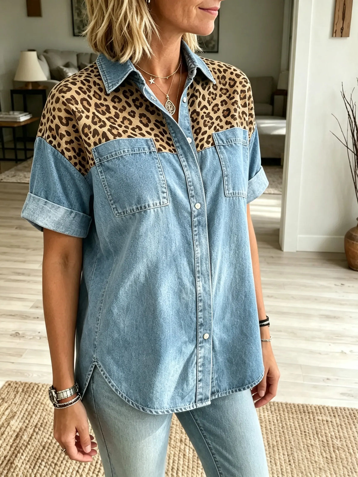 Women's Leopard Yoke Denim Shirt