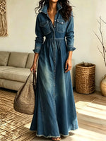 Retro Lapel Art Casual Button Stylish Long Sleeve Denim Maxi Dress