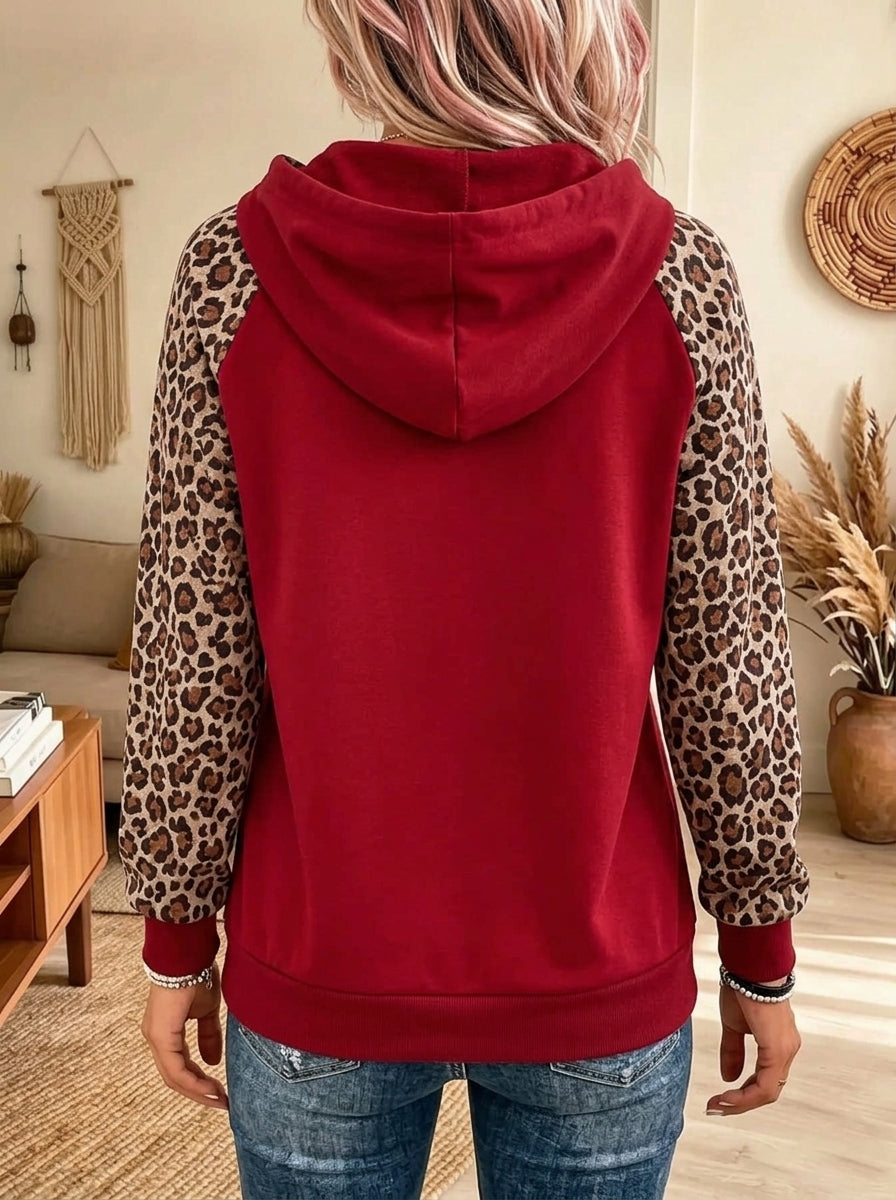 Women's Leopard Raglan Sleeve Kangaroo Pocket Hoodie