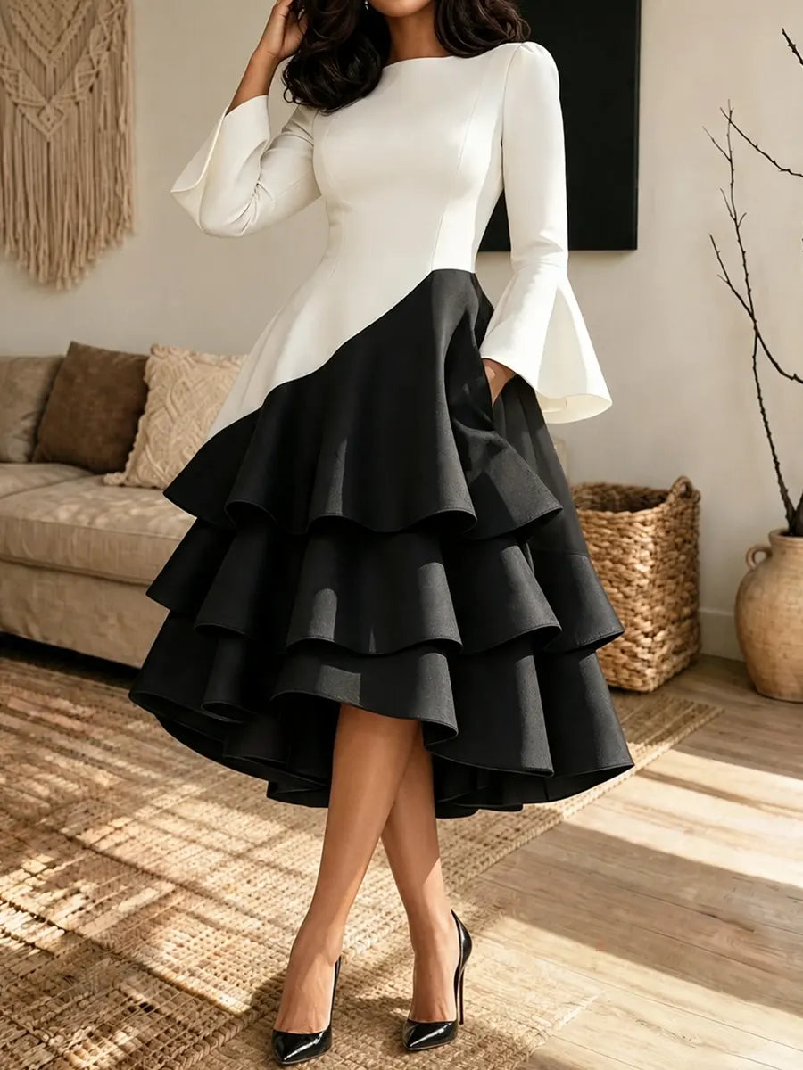 Women's Color-blocked Pleated Flared Sleeve Maxi Dress