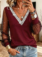 Sequin V‑Neck Mesh Long Sleeve Blouse, Glitter Sheer Puff Sleeve Party Top