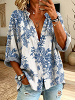 Retro Floral Pattern Art Print Casual Long Sleeve Cotton Linen Shirt