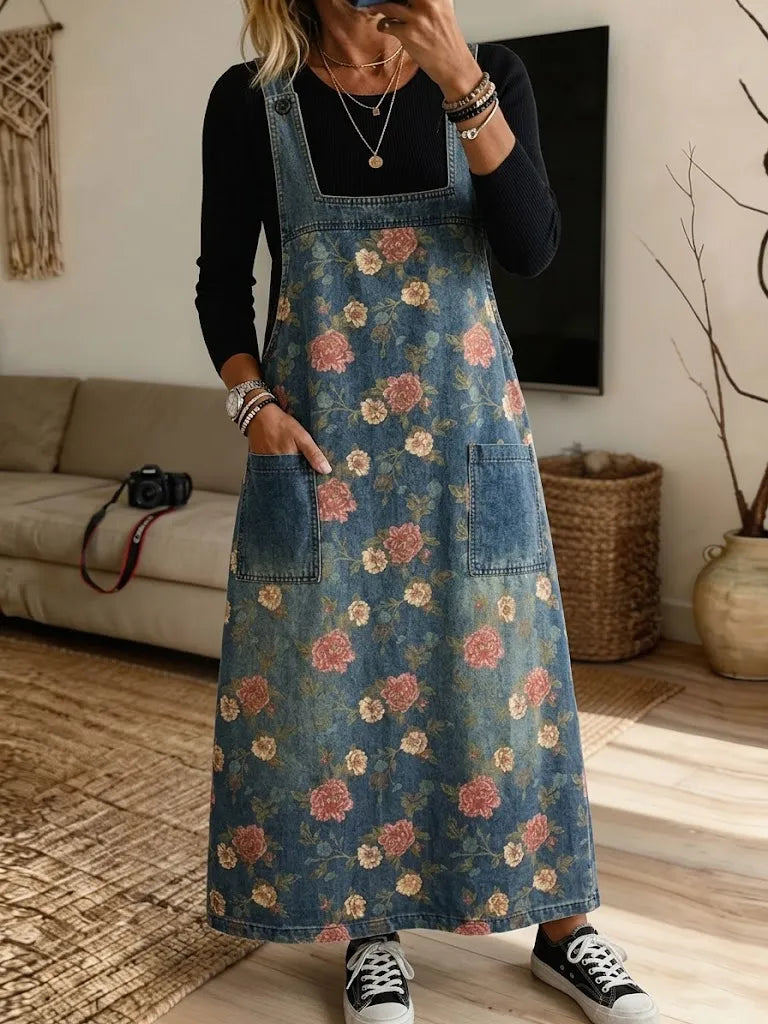 Women's Vintage Floral Print Denim Pinafore Midi Dress With Pockets