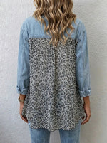 Women Denim Leopard Patchwork Shirt Jacket Frayed Collar Long Sleeve Button Down Casual Outerwear