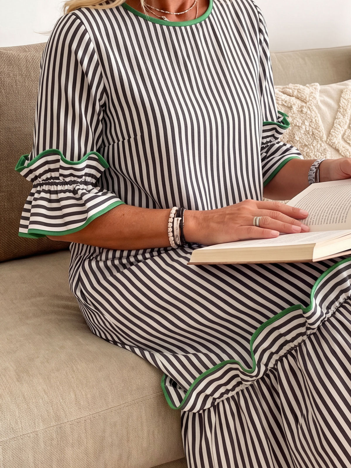 Green Trim Stripe Flounce Sleeve Pocket Midi Dress