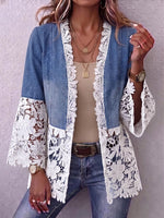 Vintage Elegant Denim Patchwork Hollowed Out Lace Jacket