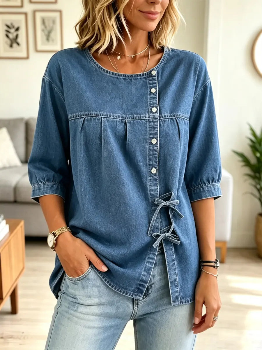 Retro Round Neck Art Button Casual Stylish 3/4 Sleeve Denim Shirt