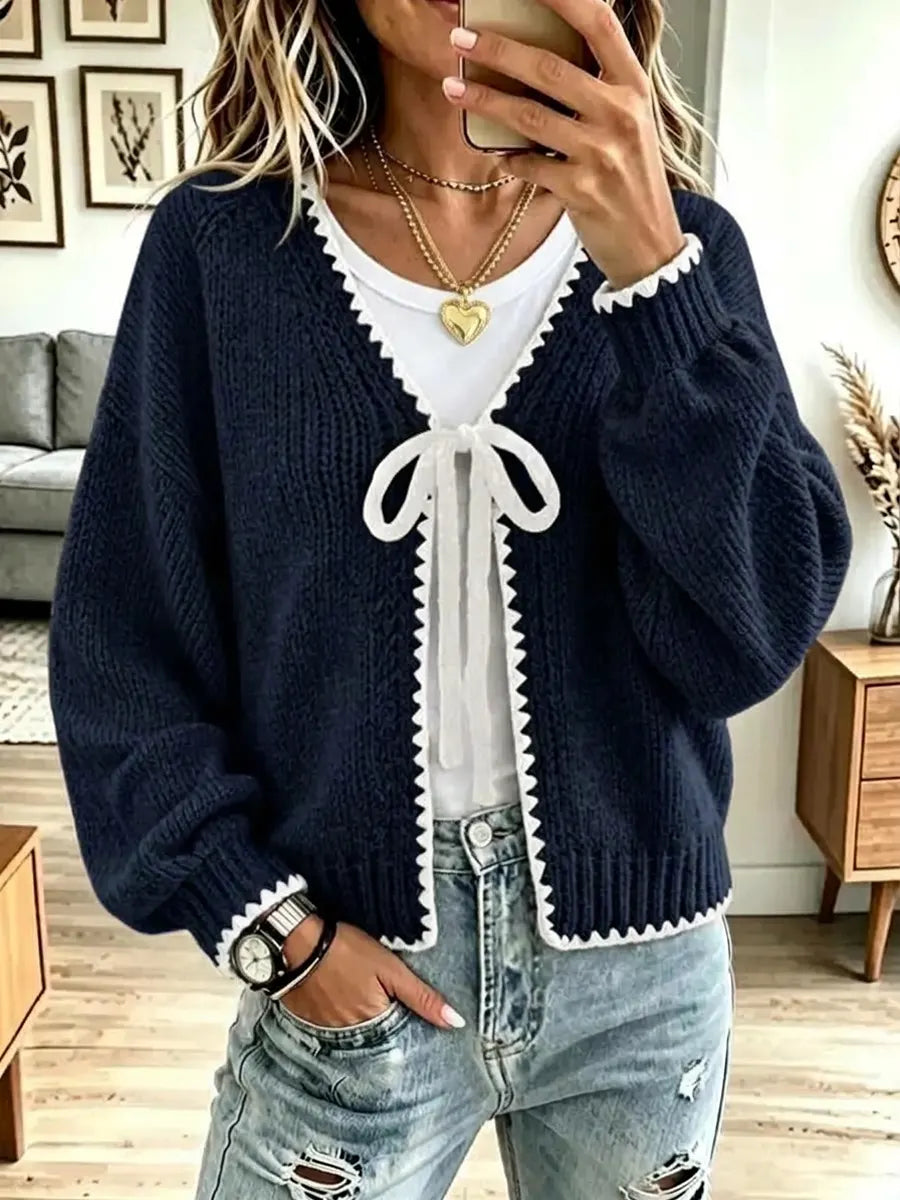 Vintage Bow Contrast Knit Art Casual Stylish Long Sleeve Cardigan Sweater