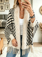 Women's Striped Faux Fur Collar Fringe Poncho Cardigan