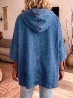 Women Oversized Hooded Denim Jacket Zip Front 3/4 Batwing Sleeve Loose Coat With Pockets