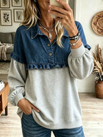 Women's Denim Patchwork Ruffle Sweatshirt