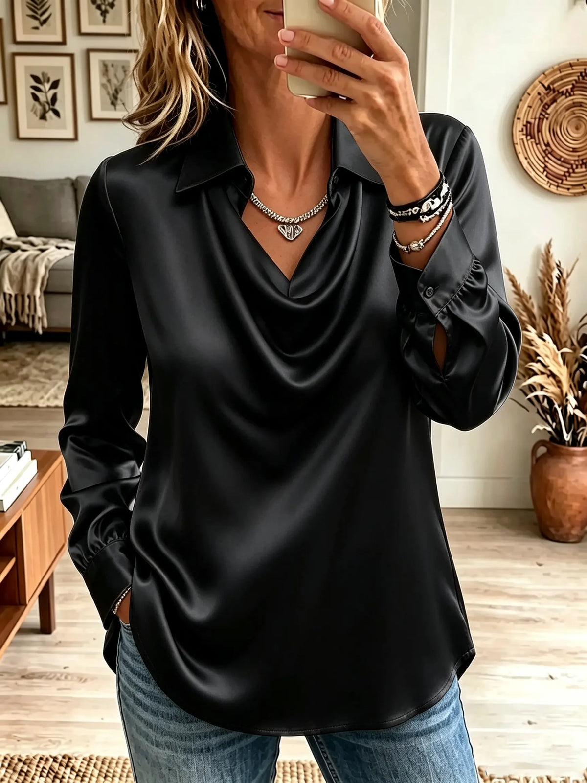 Women's Cowl Neck Collared Satin Blouse